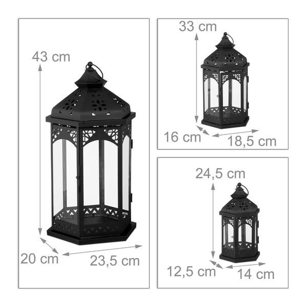 Lyhtysetti, 24,5x14x12,5 cm, 33x18,5x16 cm, 43x23,5x20 cm, musta, Kodustaar