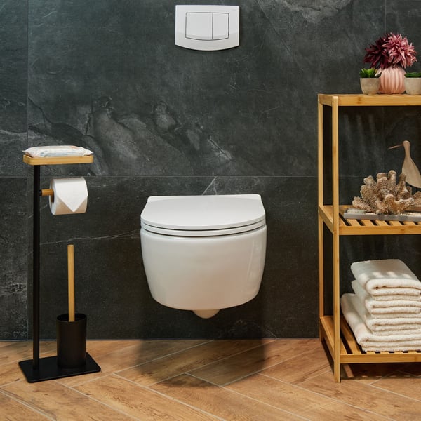 Toiletbørste og toiletpapirholder sæt, 65x22x18 cm, Sort, Natur