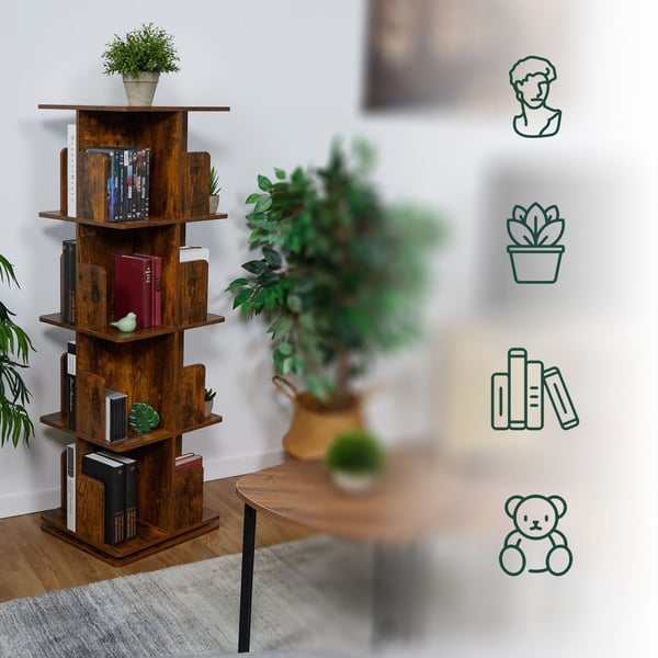 Bokhylla, Roterande Industriell Design, 125,5x39x39 cm, Brun, Kodustaar