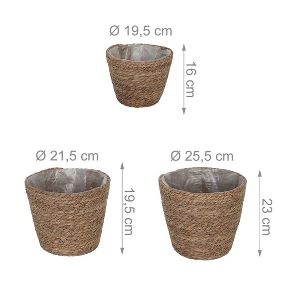 Sæt med runde plantepotter, 23x25,5 cm, 19,5x21,5 cm, 16x19,5 cm, naturlig, Kodustaar