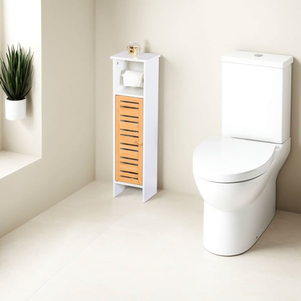 Toiletskabs, 3 hylder, hvid og bambus