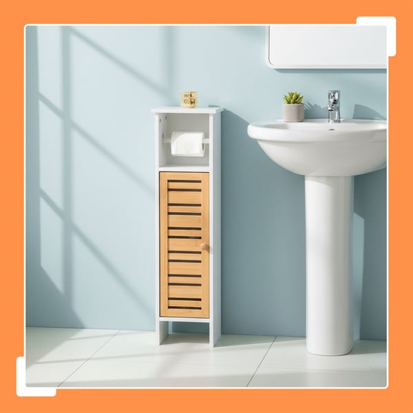 Toiletskabs, 3 hylder, hvid og bambus