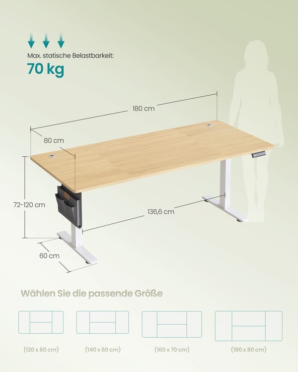 Højdejusterbart skrivebord, 60x120x72-120 cm, eg, elektrisk