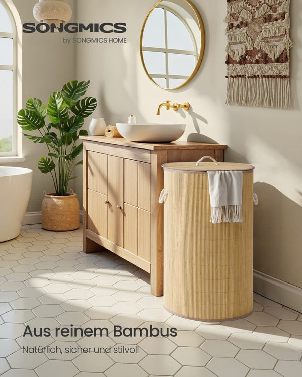Tvättkorg, 40x70 cm, Beige, Bambuträ