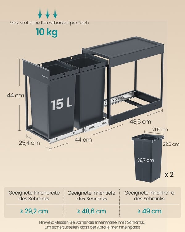 Affaldsspand til køkken, 48,6x25,4x44 cm, grå, stålramme