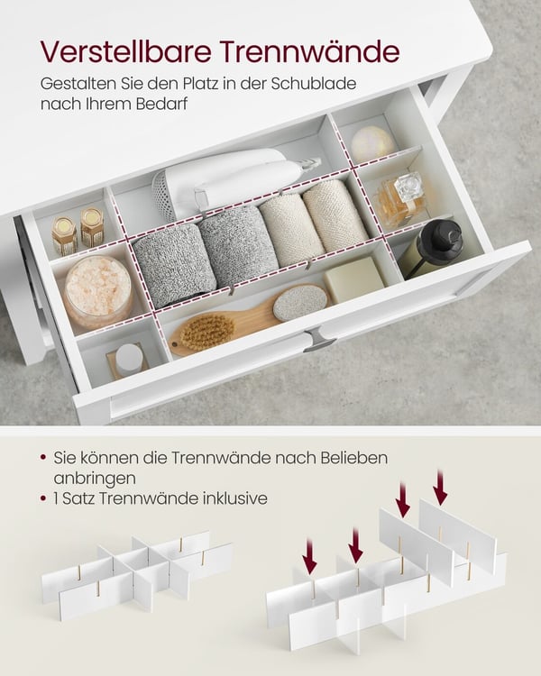 Badrumsskåp, Förvaringsskåp, 2 Lådor, 1 Justerbar Avdelare, 2 Korgar, Sideboard