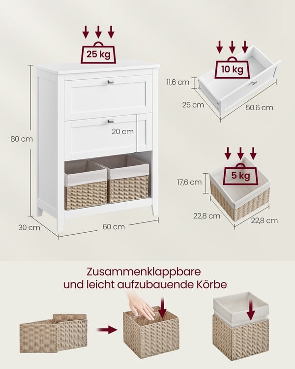 Badrumsskåp, Förvaringsskåp, 2 Lådor, 1 Justerbar Avdelare, 2 Korgar, Sideboard