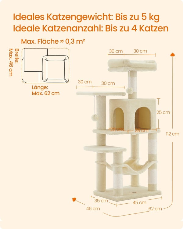 Kattträd, 45x35x112 cm, Beige