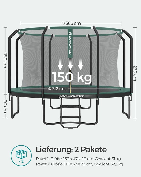 Trampolin, 366 cm diameter, Sort