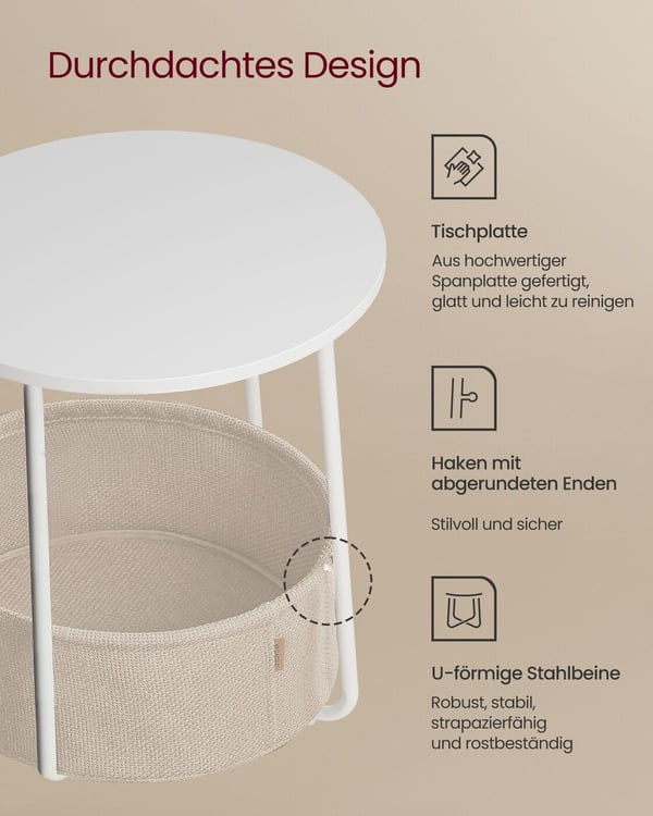 Sidebord, Rund, Hvid Beige