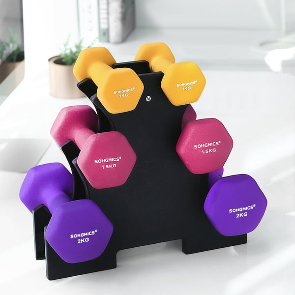Dumbbellsett, sekskantet med stativ, 13.5x6.5x6 cm, 15x7x6.5 cm, 16x8x7.5 cm, gul