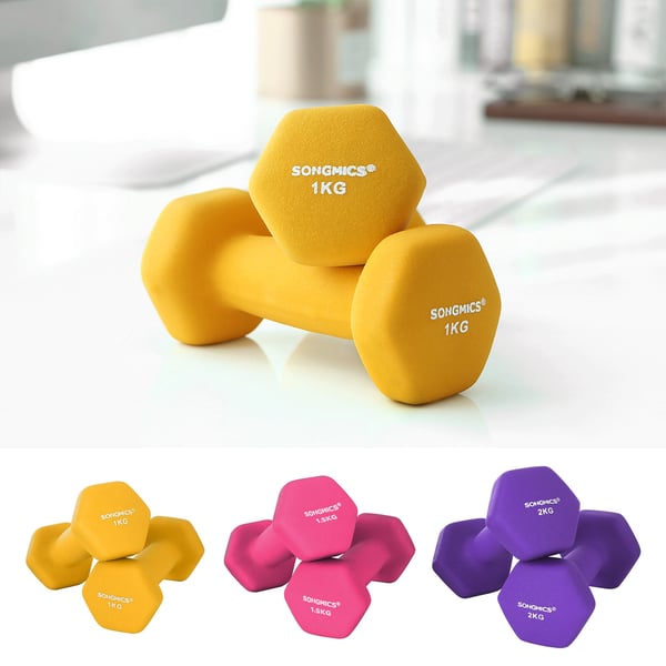 Dumbbellsett, sekskantet med stativ, 13.5x6.5x6 cm, 15x7x6.5 cm, 16x8x7.5 cm, gul