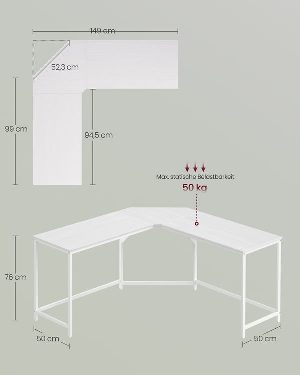 Hjørneskrivebord, 149x149x76 cm, Hvit
