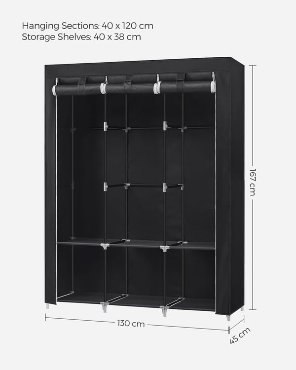 Tøygarderobe, 45x130x167 cm, svart