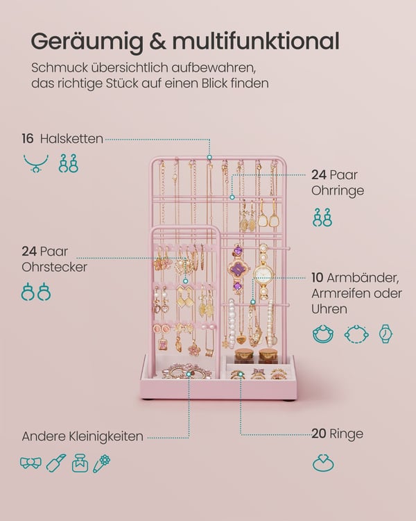 Smykkestativ, metalramme, 11,5x19,6x30,8 cm, pink