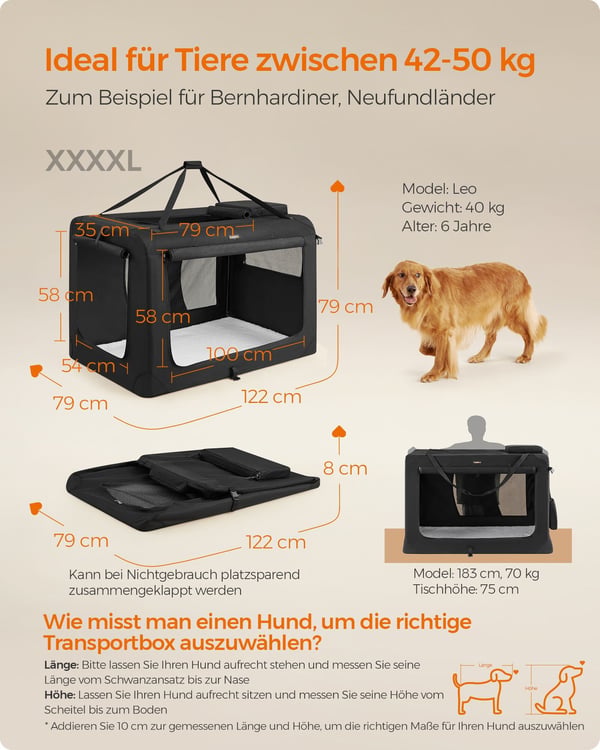 Sammenleggbar transportveske for hund, 122x79x79 cm, svart