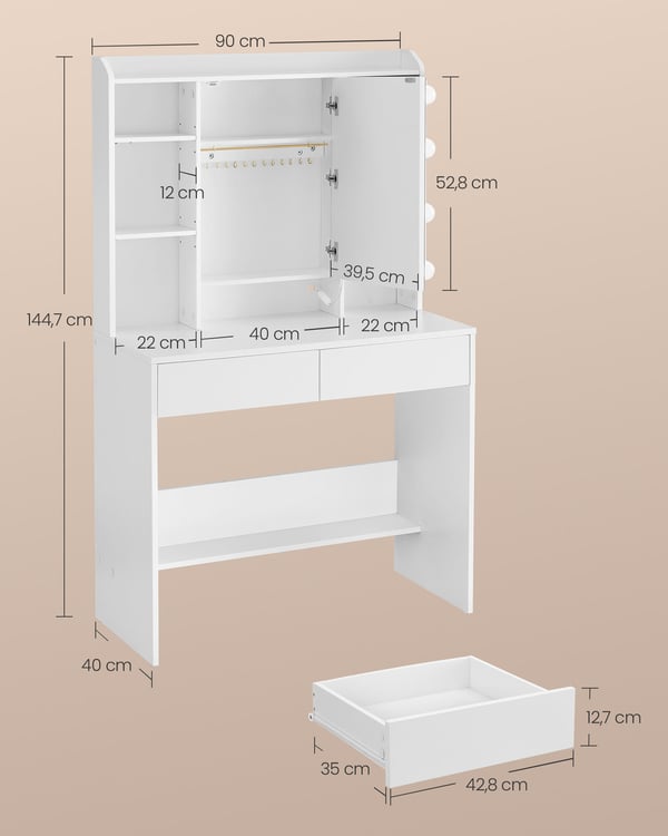 Sminkbord, 40x90x144,7 cm, Vit