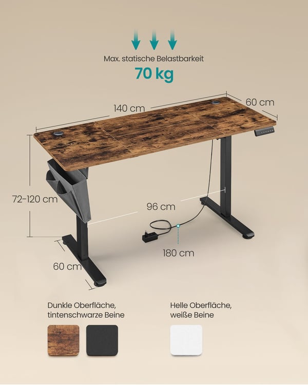 Elektrisk høydejusterbart skrivebord, 60x120x72-120 cm, Hvit