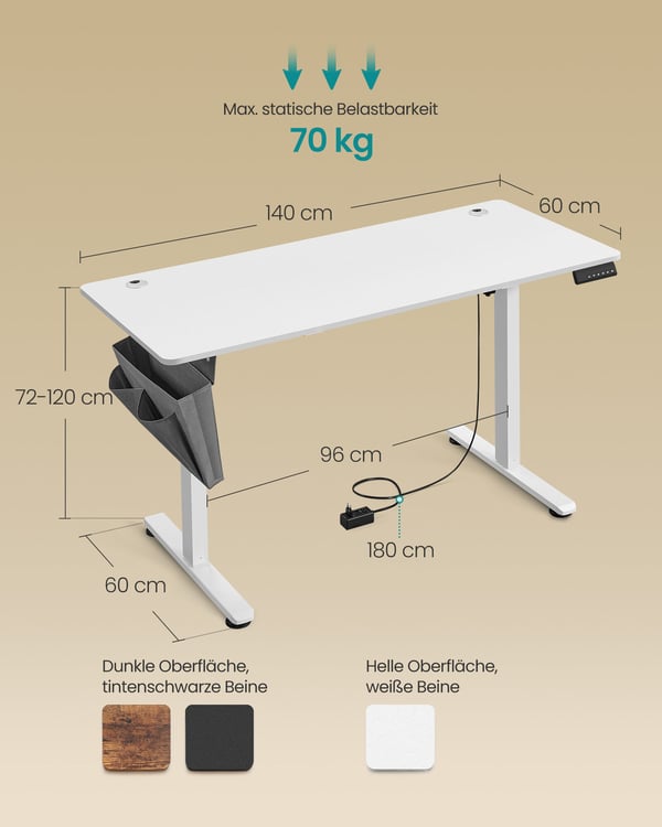 Justerbart skrivebord, 60x120x72-120 cm, Hvit
