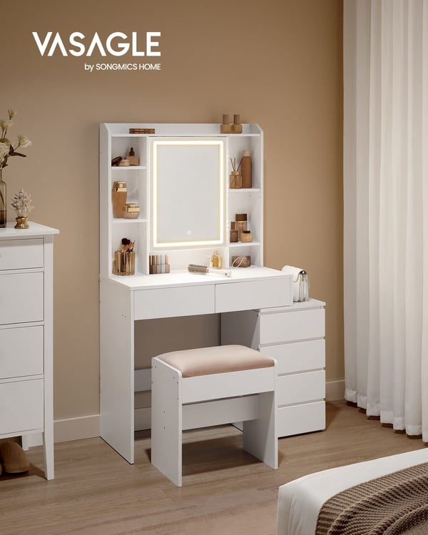 Sminkbord med LED-belysning, 40x97,5x145 cm, vit