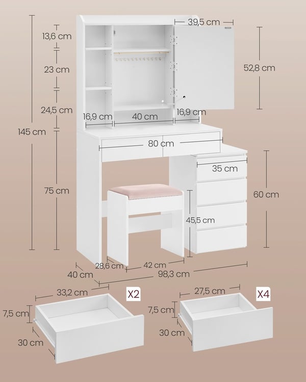 Sminkbord med LED-belysning, 40x97,5x145 cm, vit