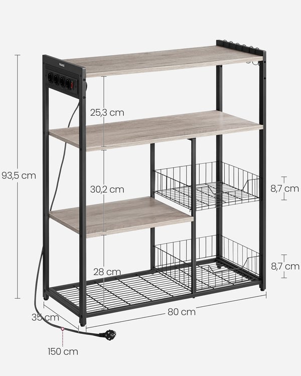 Keittiöhylly pistorasioilla, 35x80x93.5 cm, harmaanbeige