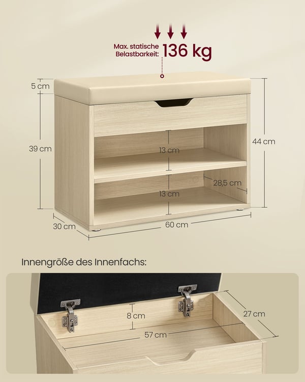 Skobænk, 30x60x44 cm, Beige