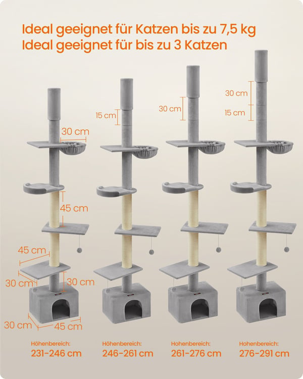 Kattetræ, 45x30x231-291 cm, Lysegrå