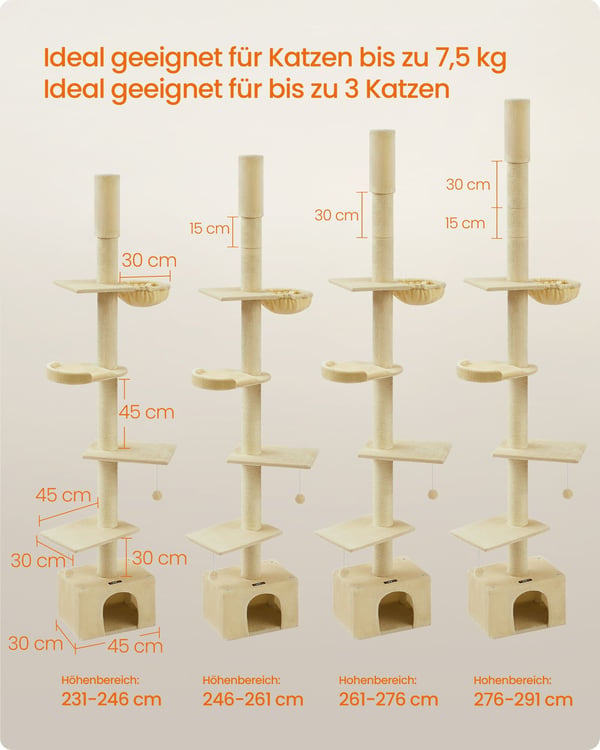 Kattetræ, 45x30x231-291 cm, Beige