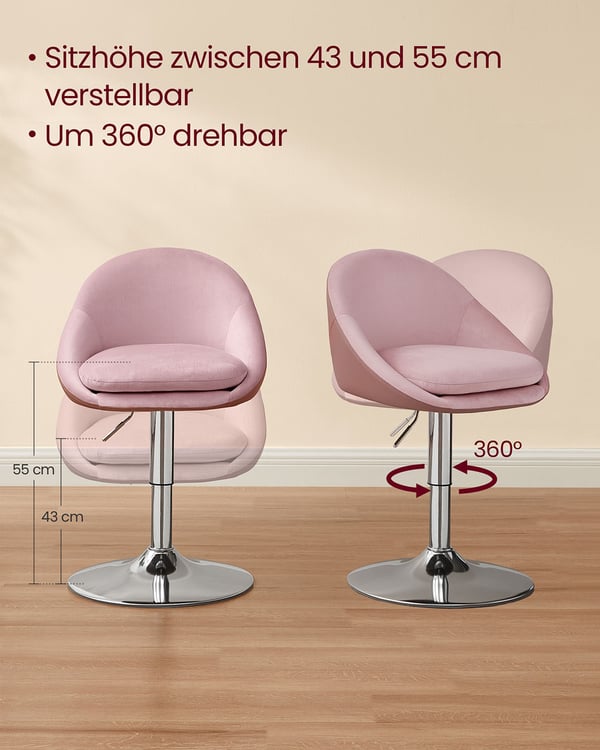 Justerbar Stol, Sammet, 52,5x50x81,5-93,5 cm, Rosa