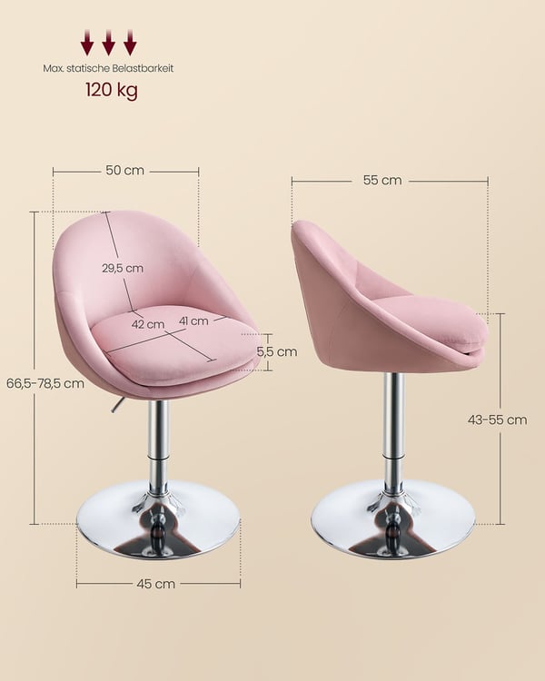 Justerbar Stol, Sammet, 52,5x50x81,5-93,5 cm, Rosa