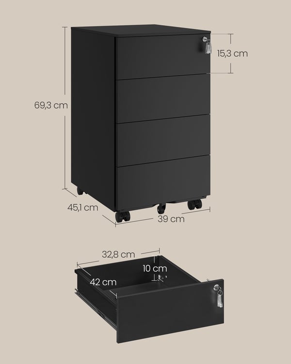 Mobilt arkivskap, 39x45x55 cm, svart