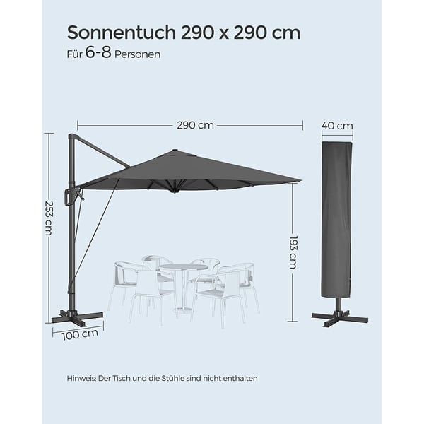 Solparasol, 300x300 cm, Grå