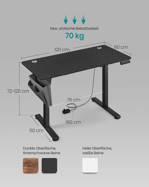 Elektrisk høyderegulerbart skrivebord, 60x120x72-120 cm, svart
