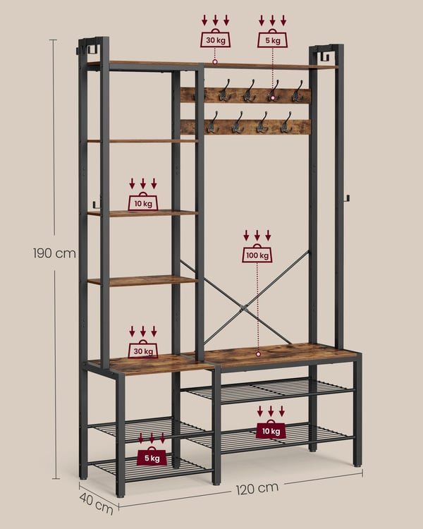 Klädhängare med skobänk, 40x120x190 cm, brun