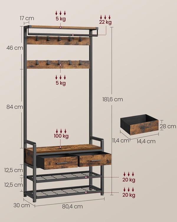 Garderobestativ med skobænk, 30x80,4x181,6 cm, brun