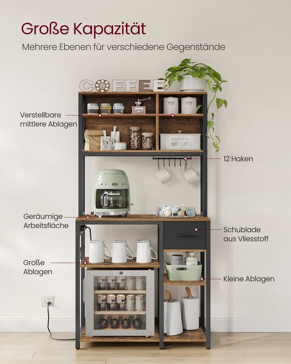 Keittiöhylly, seisova hylly, säädettävät hyllyt, kangaslaatikko, 40x100x180.4 cm, ruskea