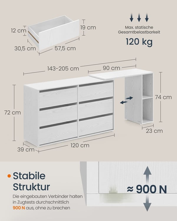 Kommode med Hylde, 39x120x72 cm, 39x90x74 cm, Hvid