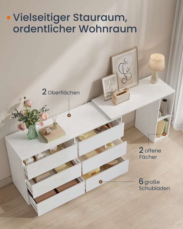 Kommode med Hylde, 39x120x72 cm, 39x90x74 cm, Hvid