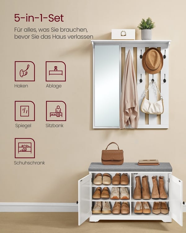 Skobenker og veggmontert knaggrekkesett, 82x52x31 cm, 82x90x20 cm, Hvit