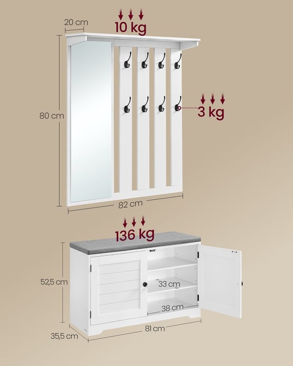 Skobenker og veggmontert knaggrekkesett, 82x52x31 cm, 82x90x20 cm, Hvit
