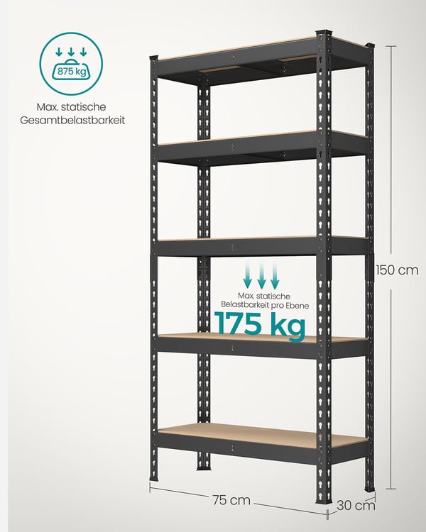 Robust hyllställ, 30x75x150 cm, svart