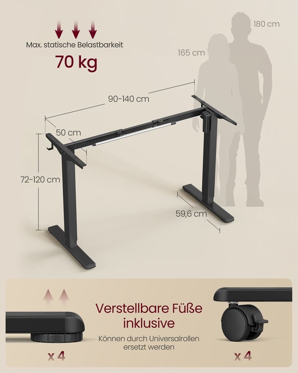 Höj- och sänkbar elektrisk skrivbordsram utan bordsskiva, 59,6x90-140x72-120 cm, bläcksvart