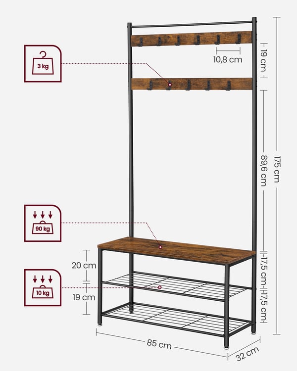 Knagerække med skohylder, 32x85x175 cm, brun sort