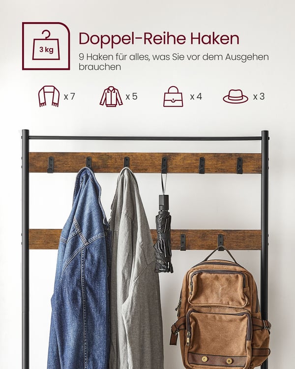 Knagerække med skohylder, 32x85x175 cm, brun sort