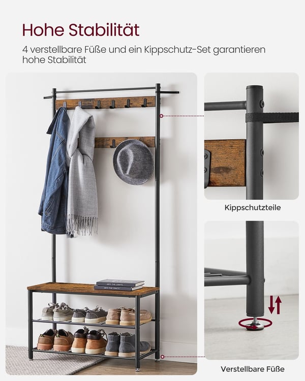 Knagerække med skohylder, 32x85x175 cm, brun sort