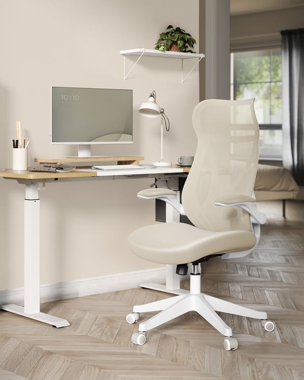 Kontorstol, ergonomisk ryglæn, højdejusterbar, foldbare armlæn, drejestol med nakkestøtte, sort