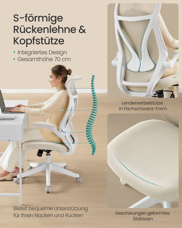 Kontorstol, ergonomisk ryglæn, højdejusterbar, foldbare armlæn, drejestol med nakkestøtte, sort