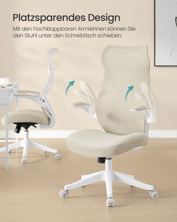 Kontorstol, ergonomisk ryglæn, højdejusterbar, foldbare armlæn, drejestol med nakkestøtte, sort