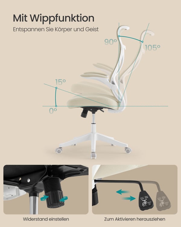 Kontorstol, ergonomisk ryglæn, højdejusterbar, foldbare armlæn, drejestol med nakkestøtte, sort